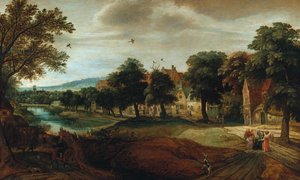 Paysage fluvial boisé avec bâtiments de village et Abraham et les Trois Anges