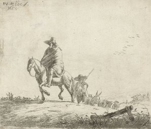 Cavalière et berger avec du bétail sur un chemin de terre, 1653