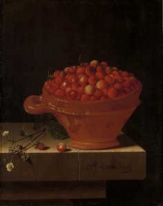 Un bol de fraises sur un socle en pierre, 1696