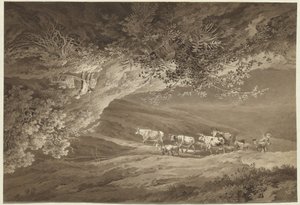 Un paysage avec un troupeau de vaches et de chèvres, surmonté d