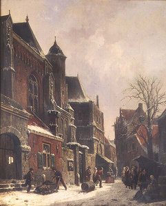 Scène de rue hollandaise avec des personnages près d