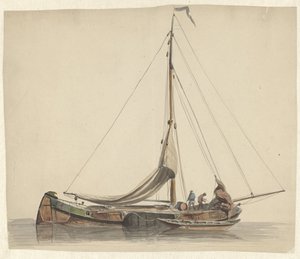 Deux hommes travaillant sur une péniche à voiles abaissées - Adrianus Eversen