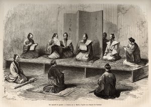 Conseil de guerre à Edo (Tokyo actuel), réunissant les officiers du taicoun (chef du pouvoir temporel) pour faire face à une insurrection des daimyos (noblesse japonaise) juste avant la restauration Meiji (1868), gravure d