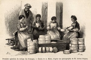 La première opération de grattage des fromages, huit jours après la cave, le duvet qui a poussé sur la surface du fromage est enlevé pour permettre un meilleur contact avec l
