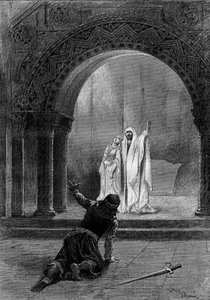Représentation théâtrale : « Garin » de Paul Delair (1842-1894) avec Henri Maubant (1821-1908) (Herbert), Adeline Dudlay (Aischa) et Jean Sully Mounet dit Mounet-Sully (1841-1916) (Garin). Paris, Comédie-Française