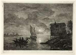 Scène de port au clair de lune avec ferry - Adrien Manglard