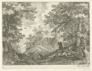 Paysage forestier avec deux chasseurs et un chien