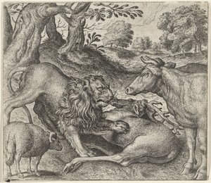 Fable du lion, de la vache et du mouton à la chasse