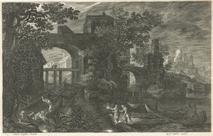 Scène nocturne avec des pêcheurs sur une rivière