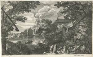 Paysage fluvial avec pêcheurs et ouvriers