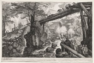 Huit paysages bohèmes : Paysage avec pont de rondins sur cataracte, vers 1610-1615