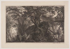 Forêt avec un pont en bois à droite, extrait de Huit scènes de Bohême - Aegidius Sadeler II