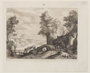 Paysage fluvial avec un pont en pierre et un pont en bois