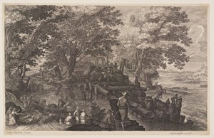Scène 1 : Moulin à eau sur une île dans une rivière avec des hommes qui pêchent, extrait de Huit scènes de Bohême - Aegidius Sadeler II
