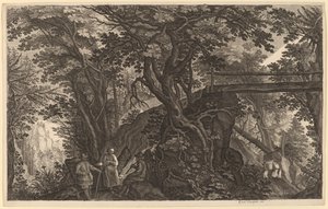 Paysage forestier avec deux hommes et une femme se reposant près d