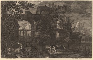 Paysage nocturne avec des pêcheurs de rivière hors des murs de la ville
