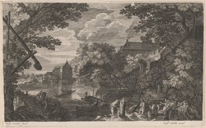 Paysage fluvial avec pêcheurs près d