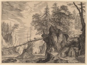 Dessinateur sur une pierre devant un pont