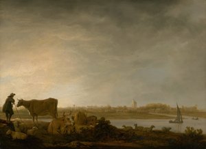Vue de Vianen avec un berger et du bétail près d