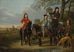 Portrait équestre de Cornelis et Michiel Pompe van Meerdervoort avec leur tuteur et cocher, partant pour la chasse, vers 1652-53