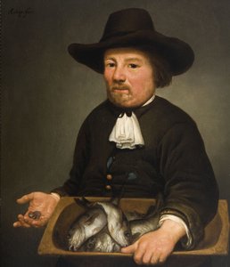 Homme avec un seau de poissons