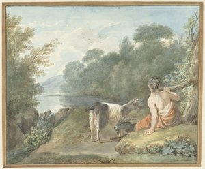 Bergère avec des chèvres dans un paysage avec un lac - Aert Schouman