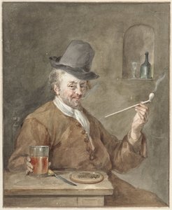 Homme fumant une pipe à une table avec une assiette, un couteau et un verre