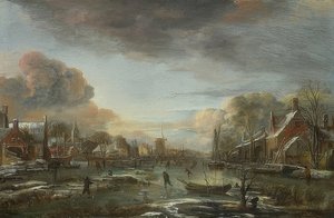 Une rivière gelée avec une ville le soir