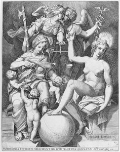 Allégorie du Psaume de David, Miséricorde assise à gauche nourrissant quatre enfants, 1579 - After Agostino Carracci.