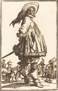 Noble homme avec manteau bordé de fourrure, les mains derrière le dos - After Jacques Callot