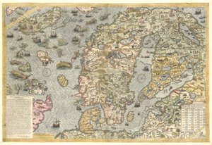Reproduction fidèle de la Carta marina (une carte murale de la Scandinavie par Olaus Magnus publiée en 1539)