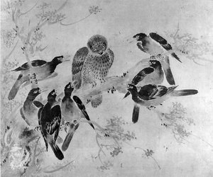 Oiseaux mynah attaquant une chouette, probablement XIXe siècle - after Sesson Shūkei