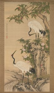 Grues, pêcher et roses chinoises, début du 18e siècle - After Shen Quan