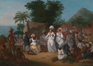 Marché de lin avec un étal de lin et un vendeur de légumes aux Antilles - Agostino Brunias