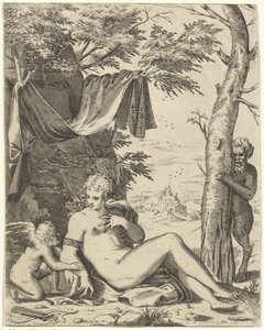 Vénus, Amour et satyre - Agostino Carracci (attributed to)