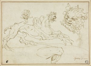 Quatre esquisses : Griffon, Tête grotesque, Tête de satyre, Jambe pliée