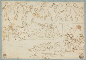 Frise de putti, croquis de Lot et ses filles, croquis de bâtiments