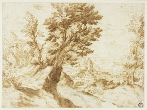 Paysage vallonné avec ville au loin - Agostino Carracci