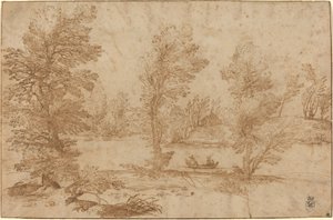 Rivière boisée avec un bateau - Agostino Carracci