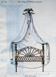 Lit à baldaquin pour Alexandre Saracens, tiré de Lavori di falegname e Fabbro ideati e disegnati da me Agostino Fantastici, manuscrit 3, planche 18 (1782-1845)