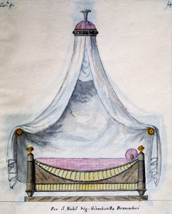 Lit à baldaquin pour M. Brancadori, du Lavori di falegname e Fabbro ideati e disegnati da me Agostino Fantastici, manuscrit 3, planche 4