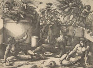 Caïn tenant un miroir regardant son sacrifice englouti par les flammes, Adam et Ève assis, vers 1530-50