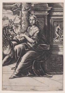 Chasteté, une femme assise, une licorne à sa droite