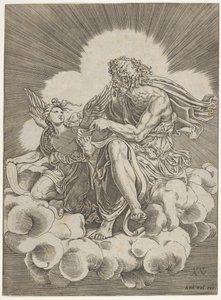 Saint Matthieu, assis sur un nuage et trempant une plume dans un encrier tenu par un ange..., vers 1518-20