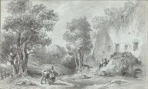 Paysage avec des paysans devant une auberge - Aignan Thomas Desfriches
