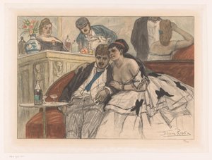 Homme et femme assis sur un banc rouge au bar d