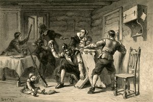 Les puritains barricadant leur maison contre les Indiens, 1877