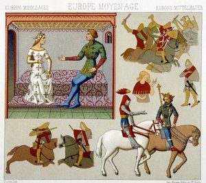 Costumes du Moyen Âge en France. Chromolithographie - dans « Le costume historique » par Racinet - Albert Charles August Racinet