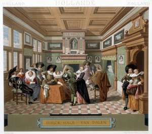 Hollandais en costumes et dans un intérieur du 18e siècle. Illustration dans « Le costume historique » par Racinet - Albert Charles August Racinet
