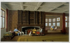 Lord anglais et sa famille dans sa maison du 17e siècle. Planche chromolithographique - dans « Le costume historique » par Racinet - Albert Charles August Racinet
